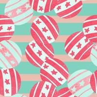 Seamless random pattern with pink colored circus ball elements. Striped pink and blue background. vector