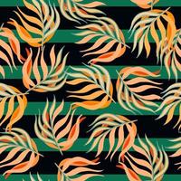 Summer seamless doodle pattern with random bright orange tropic leaf branches. Green striped background. vector