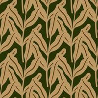 Light beige seamless doodle pattern with floral leaves ornament. Dark green background. Doodle style. vector