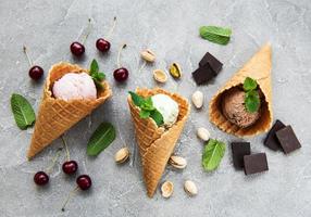 set of ice cream scoops of different colors and flavours photo