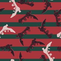 Random seamless pattern with fashionable women shoes print. Red and green striped background.