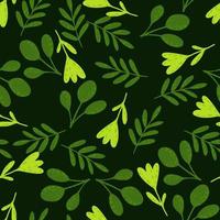 Random forest seamless pattern with green folk flowers. Botanic flora green print on black background. vector