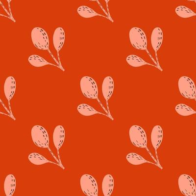 Pink hand drawn branches ornament seamless botanic pattern. Floral print with bright red background.