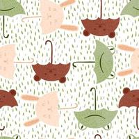 Seamless pattern umbrellas animals on white background with dashes. Funny cartoon characters bunny, frog and bear. vector