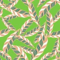 Ethnic seamless pattern with random doodle pink feather elements print. Bright green background. vector