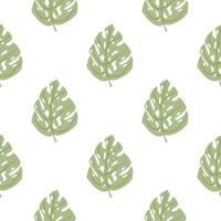 Isolated seamless pattern with simple monstera green silhouettes ornament. White background. vector