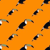 Black toucan bird exotic seamless animal pattern in doodle style. Orange bright background. Animal print. vector