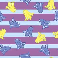 Bloom seamless pattern with blue and yellow random tulip buds silhouettes. Purple striped background. vector
