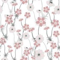 Bloom seamless pattern with pink random anemone flowers isolated print. White background. Floral artwork. vector