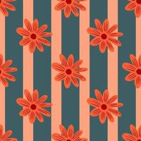 Hand drawn red daisy flowers print seamless doodle pattern. Striped pink and blue background. vector