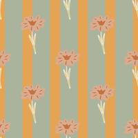 Seamless pattern with hand drawing wild flowers on orange green striped background. Vector floral template in doodle style. Gentle summer botanical texture.