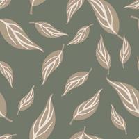 Random pale seamless pattern with simple outline leaf silhouettes. Grey tones artwork. vector