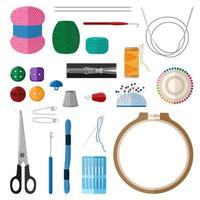 Set for handmade on white background. Kit for handicraft embroidery hoops, threads, yarn, needles, thimble, buttons, pins, scissors, slider. vector