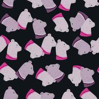 Seamless pattern in doodle style with purple bear head profile print. Black background. Happy print. vector