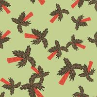 Seamless random pattern with brown and red colored palm tree shapes. Light green background. Simple design. vector