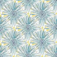 Blue and white colored daisy flowers silhouettes seamless pattern. Yellow background. Scrapbook nature print. vector