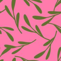 Abstract decorative seamless pattern with green leaf branches silhouettes. Pink background. vector