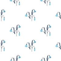 Isolated seamless pattern with blue bluebell hand drawn flowers ornament. White background. Doodle style. vector
