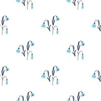 Isolated seamless pattern with blue bluebell hand drawn flowers ornament. White background. Doodle style. vector