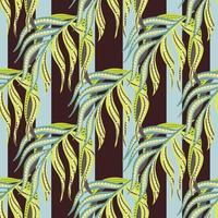 Abstract organic seamless pattern with creative palm leaf elements. Striped blue and maroon background. vector