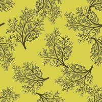 Nature seamless pattern with random forest tree shapes. Yellow background. Decorative floral ornament. vector