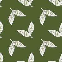 White simple leaves ornament seamless pattern in hand drawn style. Green background. Nature backdrop. vector