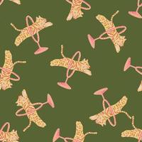 Random seamless doodle pattern with jumping across ring orange colored tiger print. Green olive background. vector