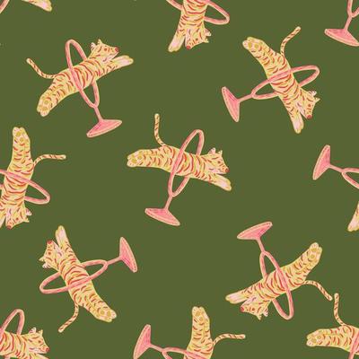 Random seamless doodle pattern with jumping across ring orange colored tiger print. Green olive background.