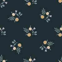 Minimalistic seamless pattern with doodle apple ornament and leaves. Navy blue background. vector