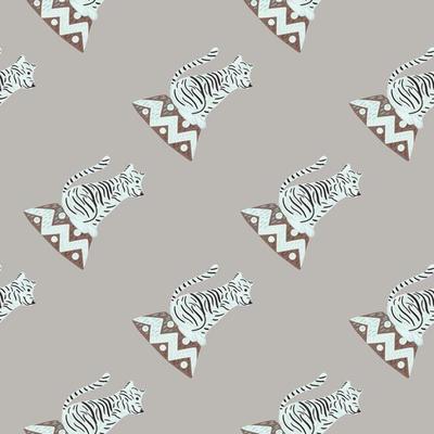 Mammal seamless pattern with cartoon hand drawn tiger circus print. Pale purple background.