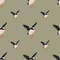 Minimalistic seamless pattern with black doodle puffin bird shapes. Beige background. Pastel palette artwork. vector