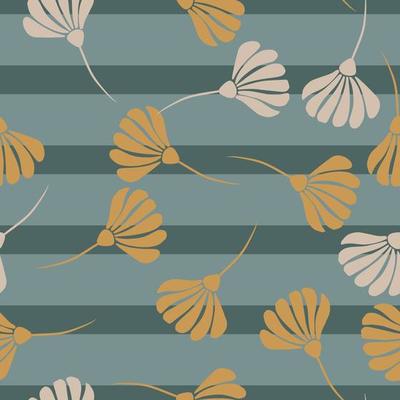 Random botanic seamless pattern with simple style flowers ornament. Navy blue pastel striped background.