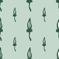 Minimalistic style seamless doodle pattern with green colored abstract leaf ornament. Pastel blue background. vector