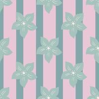 Pale tones seamless pattern with grey tropic flower ornament. Pink striped background. Simple style artwork. vector