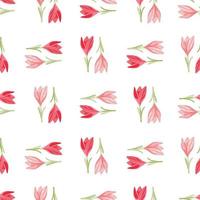 Isolated pink flowers crocus ornament seamless pattern in hand drawn style. White background. vector