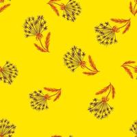 Botany seamless doodle pattern with hand drawn dandelion random print. Yellow bright background. Simple artwork. vector