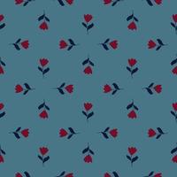 Geometric style red tulip flowers seamless doodle pattern. Pale blue background. Bloom backdrop. vector