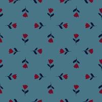 Geometric style red tulip flowers seamless doodle pattern. Pale blue background. Bloom backdrop. vector