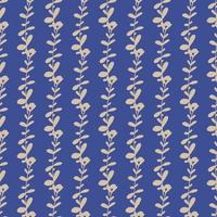 Grey diagonal eucalyptus leaves seamless pattern in hand drawn style. Bright blue indigo ornament. vector