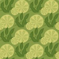 Organic seamless pattern with botany lime slices and leaves ornament. Green colored summer fresh food pattern. vector