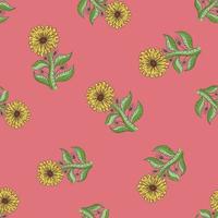 Abstract style floral seamless pattern with yellow random sunflower shapes. Pink background. vector