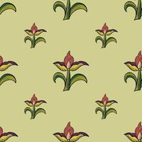 Decorative seamless pattern with red and green colored tulip flower shapes. Pale green background. vector