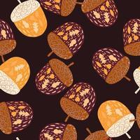 Random seamless pattern with doodle yellow and brown tones acorn elements. Dark brown background. vector