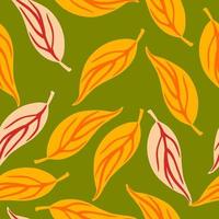 Random seamless pattern with pink and orange contoured foliage ornament. Green background. vector