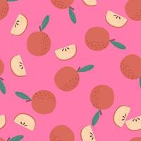 Bright seamless pattern with food red apple and slices print. Pink background. Contrast design. vector