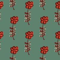 Red hand drawn flowers seamless simple pattern. Pale green background. Pastel print. vector