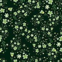 Random dark seamless pattern with green creative flower elements and dark brown background. vector