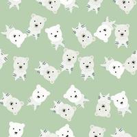 Pastel tones seamless doodle pattern with white polar bear random print. Light green background. vector