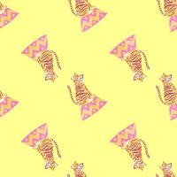 Hand drawn seamless zoo pattern with pink and orange colored circus tiger print. Light yellow background. vector