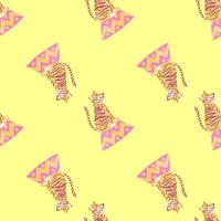 Hand drawn seamless zoo pattern with pink and orange colored circus tiger print. Light yellow background. vector